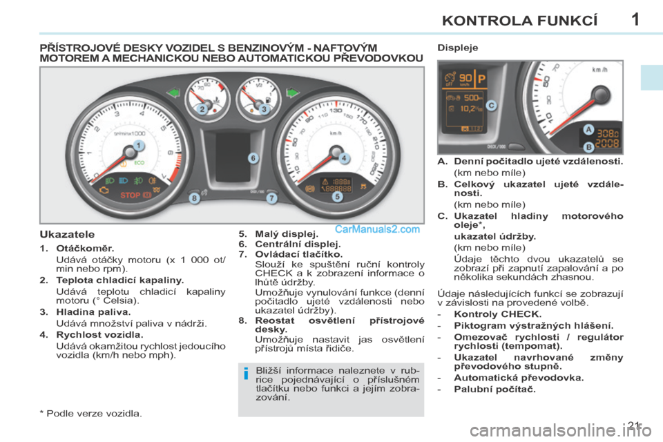 Peugeot 308 CC 2014 Návod k obsluze (in Czech) 1
i
21
KONTROLA FUNKCÍ
308cc_cs_Chap01_controle de marche_ed01-2013
PŘÍSTROJOVÉ DESKY VOZIDEL S BENZINOVÝM - NAFTOVÝM MOTOREM A MECHANICKOU NEBO AUTOMATICKOU PŘEVODOVKOU
5. M Peugeot 308 CC 2014 Návod k obsluze (in Czech) 1
i
21
KONTROLA FUNKCÍ
308cc_cs_Chap01_controle de marche_ed01-2013
PŘÍSTROJOVÉ DESKY VOZIDEL S BENZINOVÝM - NAFTOVÝM MOTOREM A MECHANICKOU NEBO AUTOMATICKOU PŘEVODOVKOU
5. M