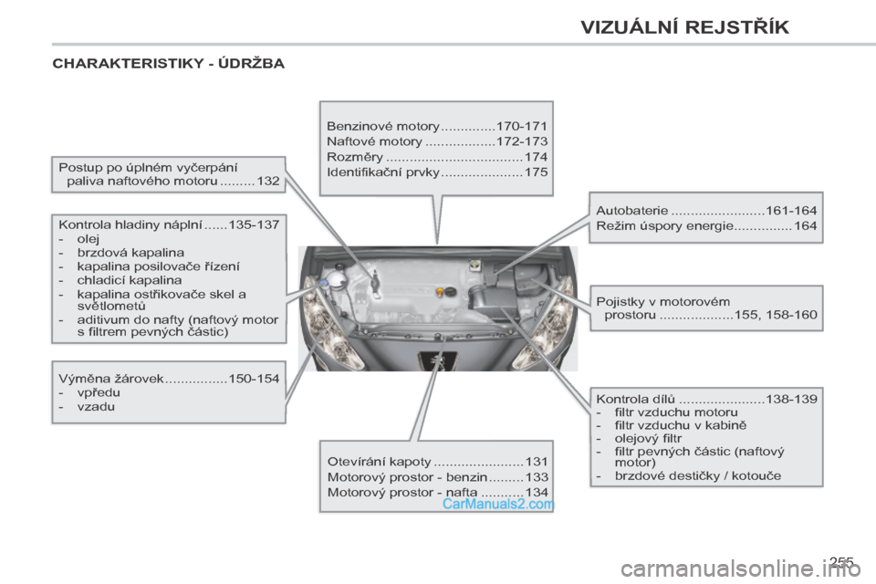 Peugeot 308 CC 2014  Návod k obsluze (in Czech) 255
VIZUÁLNÍ REJSTŘÍK
 CHARAKTERISTIKY - ÚDRŽBA  
  Postup po úplném vyčerpání paliva naftového motoru ......... 132  
  Kontrola hladiny náplní ...... 135-137 
   -   olej 
  -   brzdov