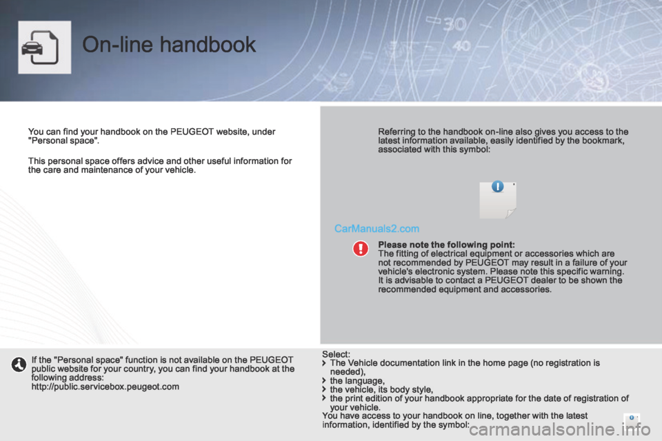 Peugeot 308 CC 2013.5  Owners Manual - RHD (UK. Australia)    This personal space offers advice and other useful information for the care and maintenance of your vehicle.   
 On-line  handbook  
  You can find your handbook on the PEUGEOT website, under "Pers