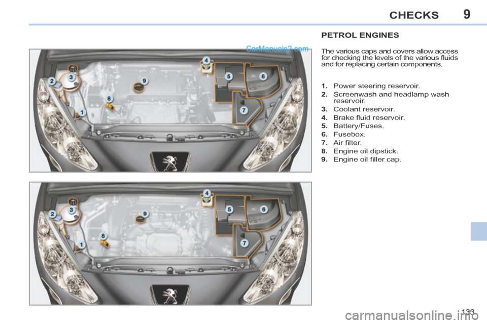 Peugeot 308 CC 2013.5  Owners Manual - RHD (UK. Australia) 9
133
CHECKS
PETROL ENGINES 
 The various caps and covers allow access 
for checking the levels of the various ﬂ uids 
and for replacing certain components. 
   1.   Power steering reservoir. 
  2. 