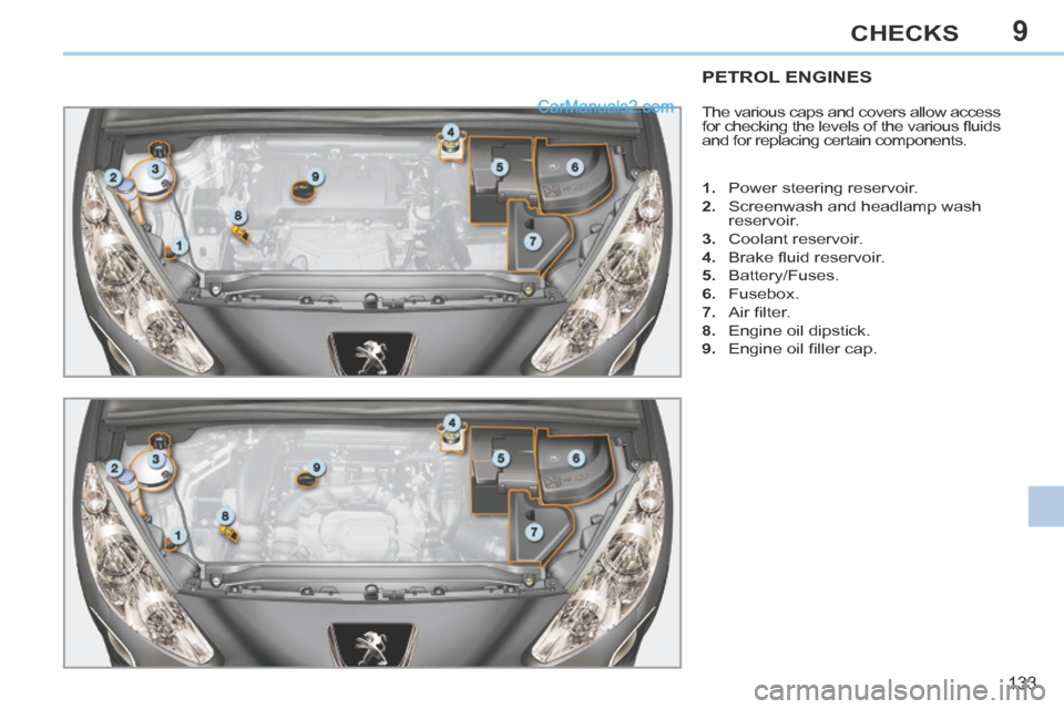 Peugeot 308 CC 2013.5 Owners Manual - RHD (UK, Australia) 9
133
CHECKS
PETROL ENGINES
The various caps and covers allow access
for checking the levels of the various fl uids
and for replacing certain components.
1. Power steering reservoir.
2. Peugeot 308 CC 2013.5 Owners Manual - RHD (UK, Australia) 9
133
CHECKS
PETROL ENGINES
The various caps and covers allow access
for checking the levels of the various fl uids
and for replacing certain components.
1. Power steering reservoir.
2.
