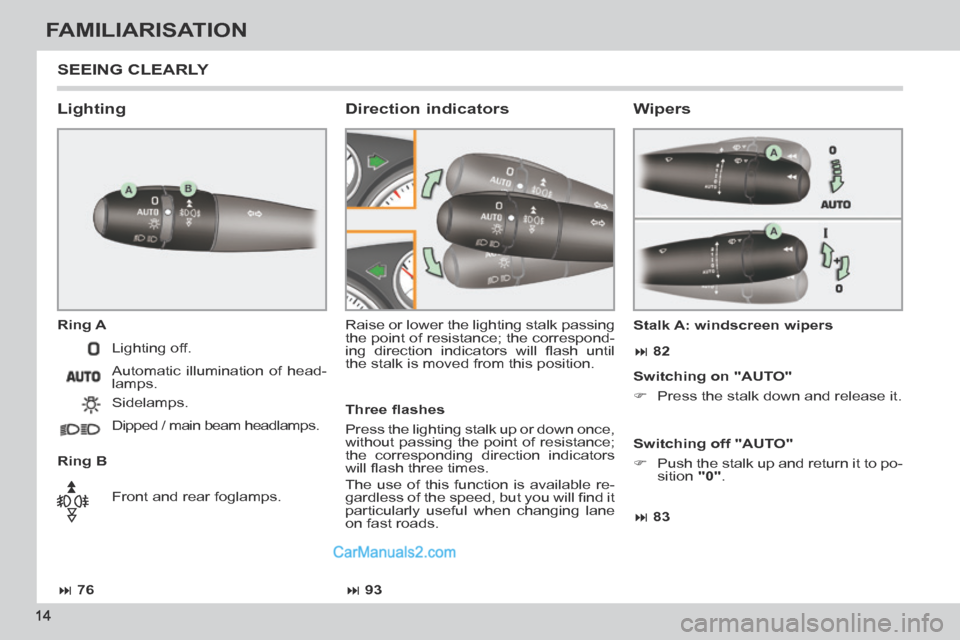 Peugeot 308 CC 2013.5  Owners Manual - RHD (UK. Australia)  76 93 83  82
14
FAMILIARISATION
 SEEING  CLEARLY 
  Lighting 
  Ring  A 
  Ring  B  Raise or lower the lighting stalk passing 
the point of resistance; the correspond-
ing  direction  ind