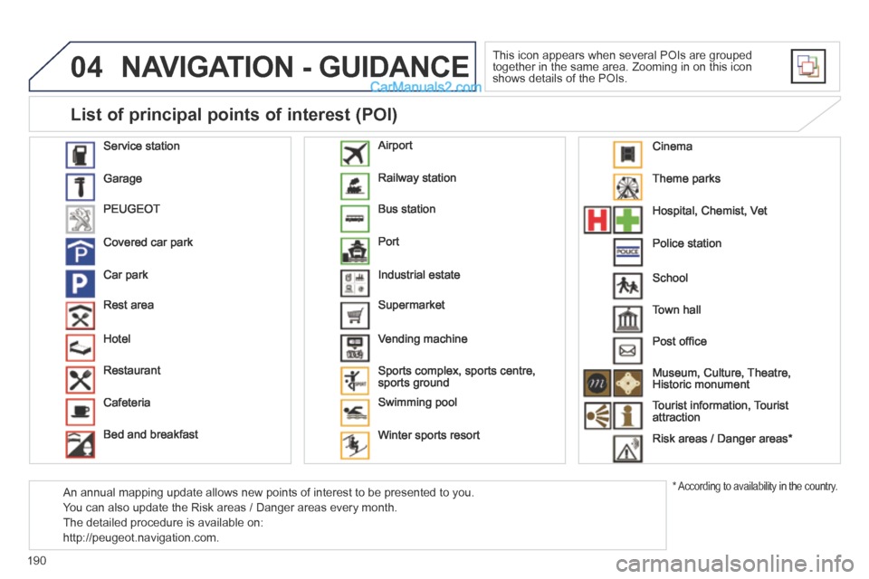 Peugeot 308 CC 2013.5  Owners Manual - RHD (UK. Australia) 04
190
 NAVIGATION - GUIDANCE 
 This icon appears when several POIs are grouped together in the same area. Zooming in on this icon shows details of the POIs. 
  Service  station 
 Garage 
 PEUGEOT 
 C