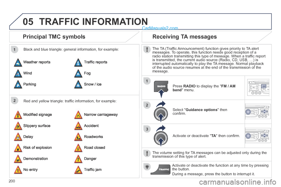 Peugeot 308 CC 2013.5 Owners Manual - RHD (UK. Australia) 05
200
Principal TMC symbols
Red and yellow triangle: traffi c information, for example:
Black and blue triangle: general information, for example:
Weather reports
Modifi ed signage
Ris Peugeot 308 CC 2013.5 Owners Manual - RHD (UK. Australia) 05
200
Principal TMC symbols
Red and yellow triangle: traffi c information, for example:
Black and blue triangle: general information, for example:
Weather reports
Modifi ed signage
Ris