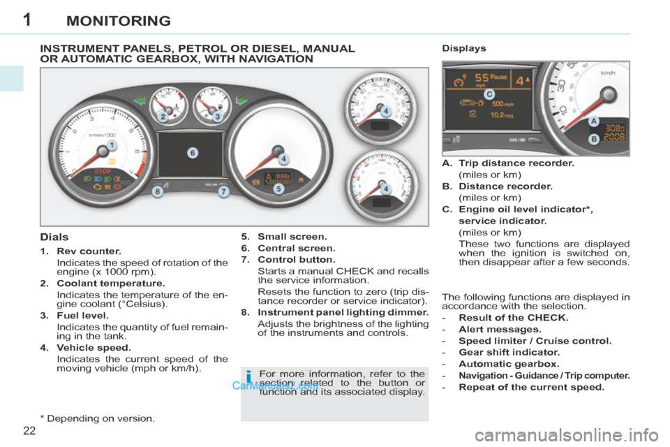 Peugeot 308 CC 2013.5  Owners Manual - RHD (UK, Australia) 1
i
22
MONITORING
INSTRUMENT PANELS, PETROL OR DIESEL, MANUAL OR AUTOMATIC GEARBOX, WITH NAVIGATION 
  *    Depending  on  version.  
  Dials 
   1.    Rev counter.     
  Indicates the speed of rotat