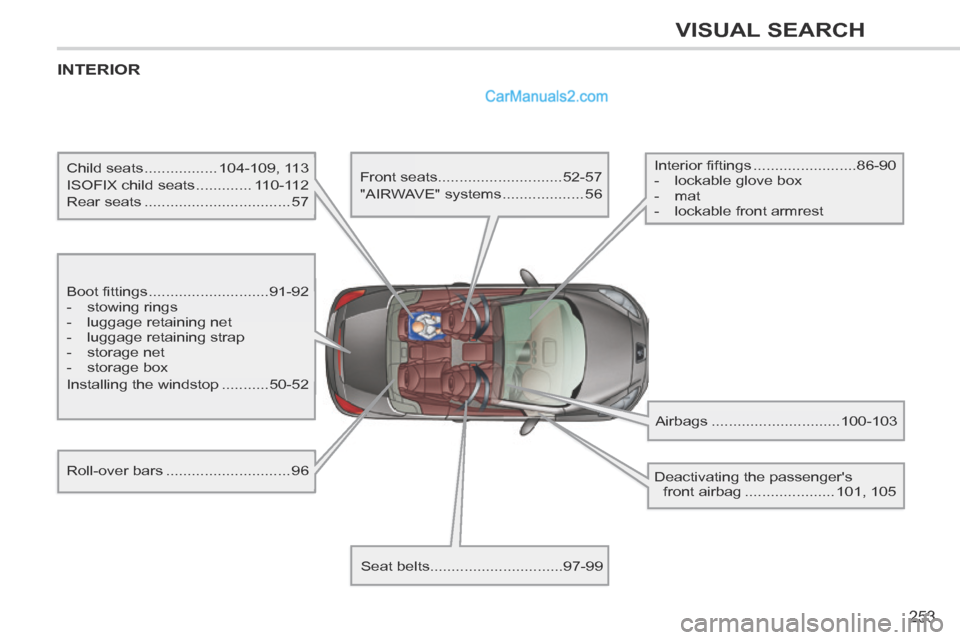 Peugeot 308 CC 2013.5 Owners Manual - RHD (UK. Australia) 253
VISUAL SEARCH
INTERIOR
Boot fittings ............................91-92
- stowing rings
- luggage retaining net
- luggage retaining strap
- storage net
- stora Peugeot 308 CC 2013.5 Owners Manual - RHD (UK. Australia) 253
VISUAL SEARCH
INTERIOR
Boot fittings ............................91-92
- stowing rings
- luggage retaining net
- luggage retaining strap
- storage net
- stora
