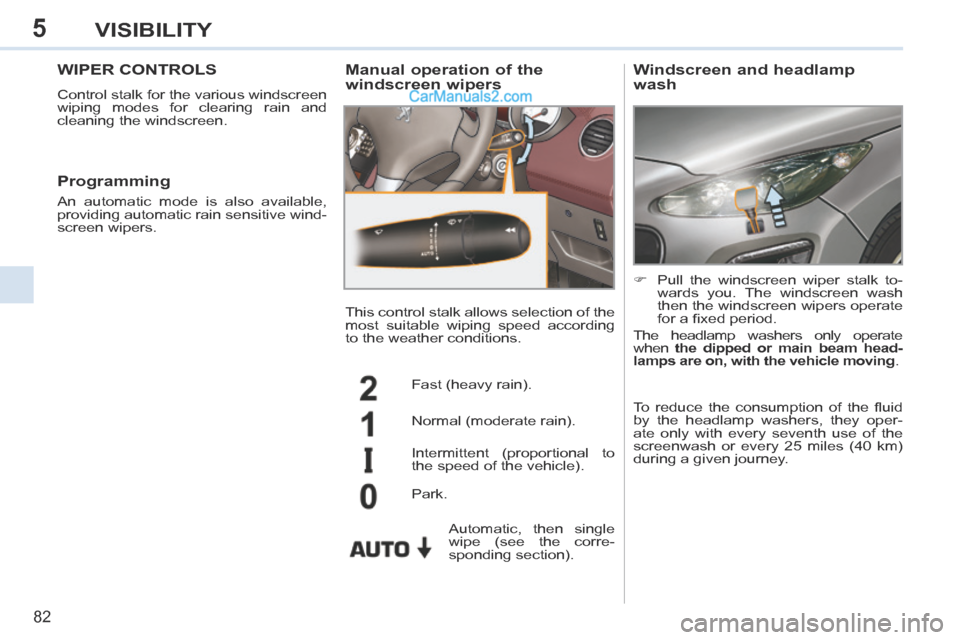 Peugeot 308 CC 2013.5  Owners Manual - RHD (UK, Australia) 5
82
VISIBILITY
WIPER CONTROLS 
 Control stalk for the various windscreen 
wiping modes for clearing rain and 
cleaning the windscreen. 
  Manual operation of the 
windscreen wipers 
 Fast (heavy rain