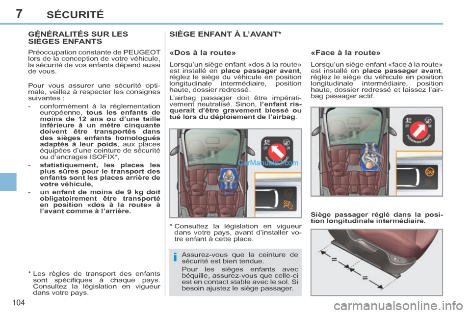 Peugeot 308 CC 2013.5 Manuel du propriétaire (in French) 7
i
104
SÉCURITÉ
GÉNÉRALITÉS SUR LES SIÈGES ENFANTS
Préoccupation constante de PEUGEOT
lors de la conception de votre véhicule,
la sécurité de vos enfants dépend aussi
de Peugeot 308 CC 2013.5 Manuel du propriétaire (in French) 7
i
104
SÉCURITÉ
GÉNÉRALITÉS SUR LES SIÈGES ENFANTS
Préoccupation constante de PEUGEOT
lors de la conception de votre véhicule,
la sécurité de vos enfants dépend aussi
de