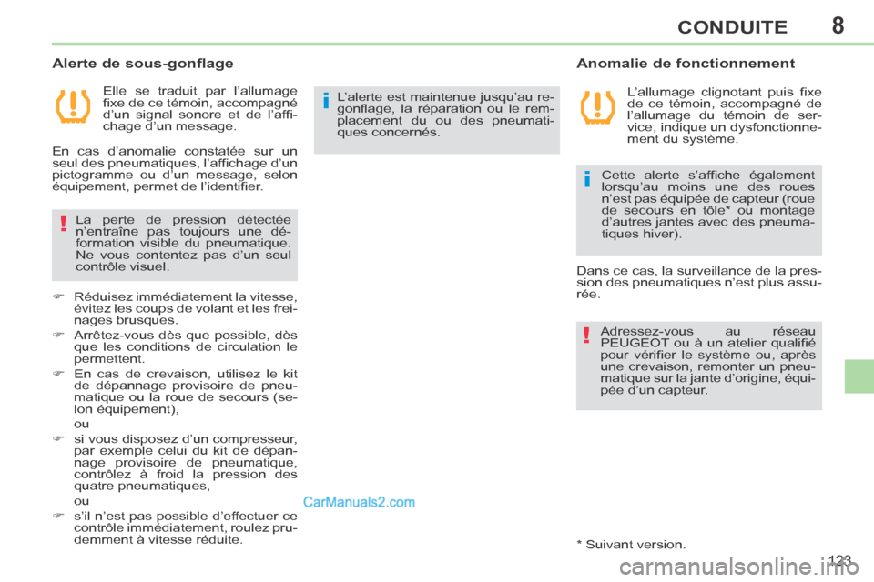 Peugeot 308 CC 2013.5 Manuel du propriétaire (in French) 8
i
!
i
!
123
CONDUITE
Elle se traduit par l’allumage
fi xe de ce témoin, accompagné
d’un signal sonore et de l’affi -
chage d’un message.
Anomalie de fonctionnement
Aler Peugeot 308 CC 2013.5 Manuel du propriétaire (in French) 8
i
!
i
!
123
CONDUITE
Elle se traduit par l’allumage
fi xe de ce témoin, accompagné
d’un signal sonore et de l’affi -
chage d’un message.
Anomalie de fonctionnement
Aler