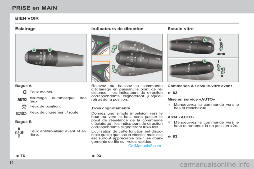 Peugeot 308 CC 2013.5  Manuel du propriétaire (in French)  76 93 83  82
14
PRISE en MAIN
 BIEN  VOIR 
  Éclairage 
  Bague  A 
  Bague  B  Relevez ou baissez la commande 
d’éclairage en passant le point de ré-
sistance ; les indicateurs de d