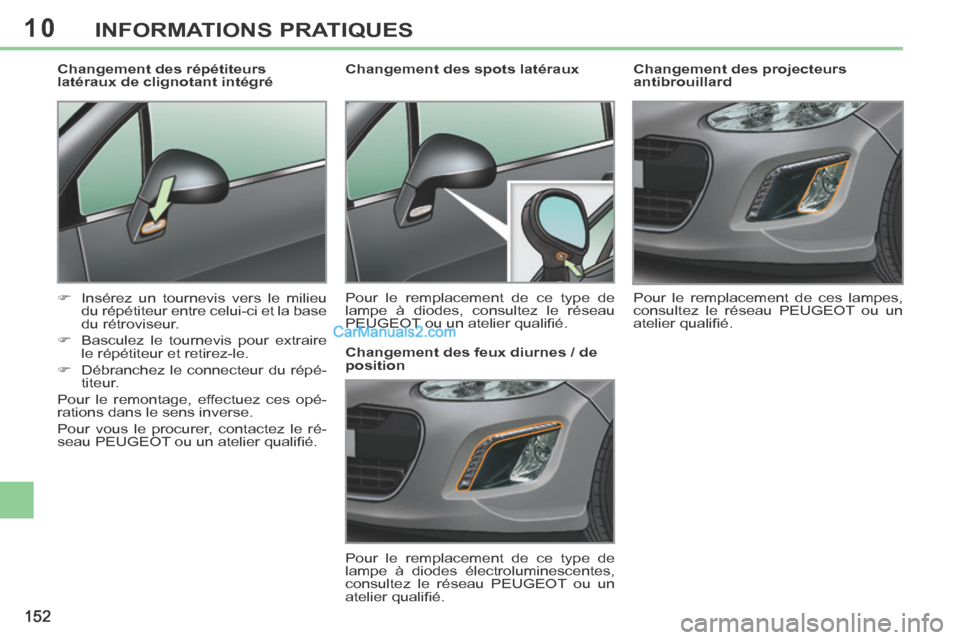 Peugeot 308 CC 2013.5  Manuel du propriétaire (in French) 10
152
INFORMATIONS PRATIQUES
        
Changement des projecteurs 
antibrouillard 
 Pour le remplacement de ces lampes, 
consultez le réseau PEUGEOT ou un 
atelier qualiﬁ é.   
         Changement