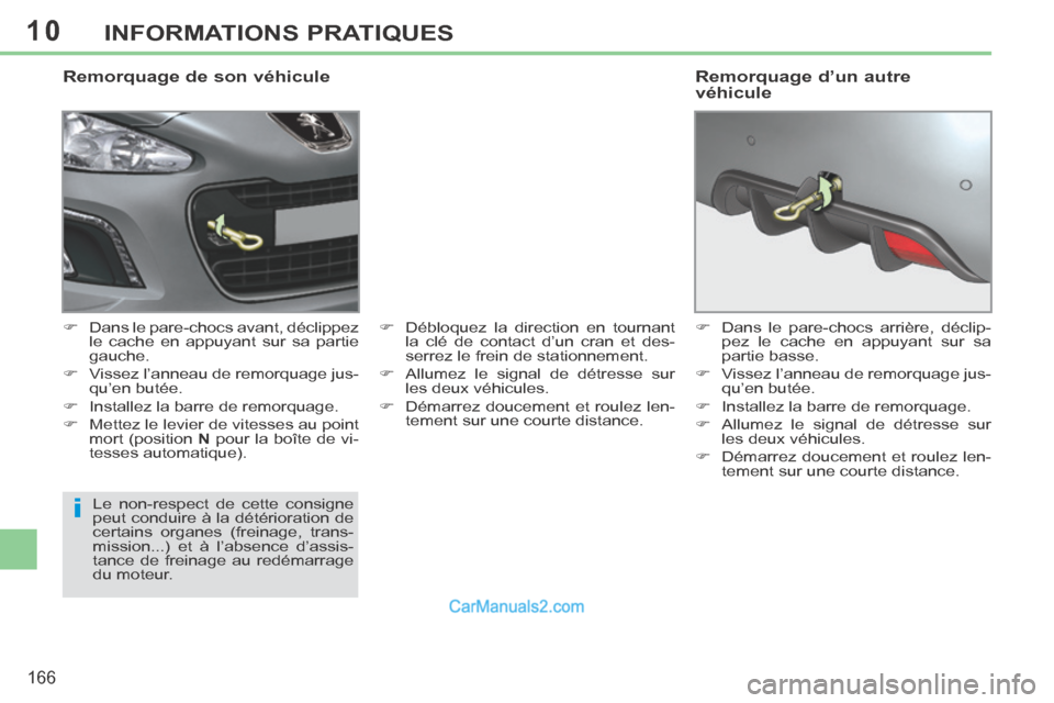 Peugeot 308 CC 2013.5 Manuel du propriétaire (in French) 10
i
166
INFORMATIONS PRATIQUES
Remorquage de son véhicule
Dans le pare-chocs avant, déclippez le cache en appuyant sur sa partie
gauche.
Vissez l’anneau de remorquage jus- q Peugeot 308 CC 2013.5 Manuel du propriétaire (in French) 10
i
166
INFORMATIONS PRATIQUES
Remorquage de son véhicule
Dans le pare-chocs avant, déclippez le cache en appuyant sur sa partie
gauche.
Vissez l’anneau de remorquage jus- q