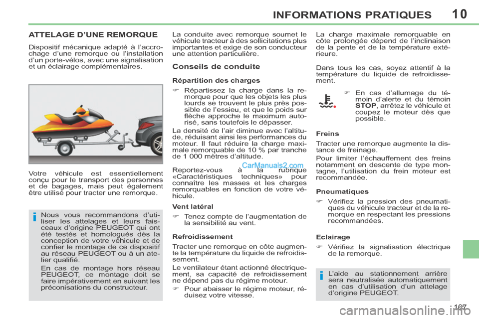 Peugeot 308 CC 2013.5 Manuel du propriétaire (in French) 10
i
i
167
INFORMATIONS PRATIQUES
ATTELAGE D’UNE REMORQUE
Votre véhicule est essentiellement
conçu pour le transport des personnes
et de bagages, mais peut également
être utilisé pour tr Peugeot 308 CC 2013.5 Manuel du propriétaire (in French) 10
i
i
167
INFORMATIONS PRATIQUES
ATTELAGE D’UNE REMORQUE
Votre véhicule est essentiellement
conçu pour le transport des personnes
et de bagages, mais peut également
être utilisé pour tr