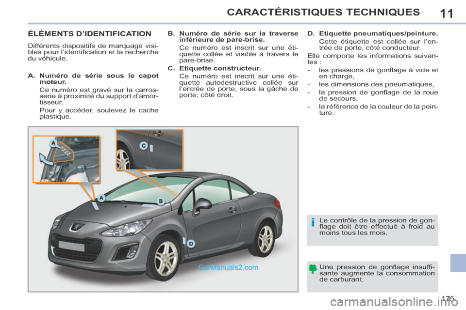 Peugeot 308 CC 2013.5 Manuel du propriétaire (in French) 11
i
175
CARACTÉRISTIQUES TECHNIQUES
ÉLÉMENTS D’IDENTIFICATION
Différents dispositifs de marquage visi-
bles pour l’identifi cation et la recherche
du véhicule. Une pression de gon Peugeot 308 CC 2013.5 Manuel du propriétaire (in French) 11
i
175
CARACTÉRISTIQUES TECHNIQUES
ÉLÉMENTS D’IDENTIFICATION
Différents dispositifs de marquage visi-
bles pour l’identifi cation et la recherche
du véhicule. Une pression de gon