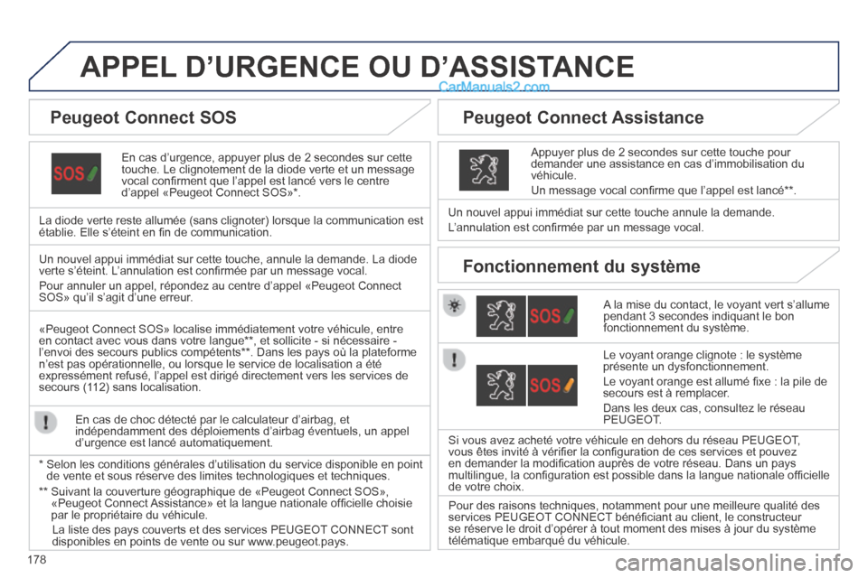 Peugeot 308 CC 2013.5 Manuel du propriétaire (in French) 178
APPEL D’URGENCE OU D’ASSISTANCE
En cas d’urgence, appuyer plus de 2 secondes sur cette touche. Le clignotement de la diode verte et un message vocal confi rment que l’appel est lancé Peugeot 308 CC 2013.5 Manuel du propriétaire (in French) 178
APPEL D’URGENCE OU D’ASSISTANCE
En cas d’urgence, appuyer plus de 2 secondes sur cette touche. Le clignotement de la diode verte et un message vocal confi rment que l’appel est lancé