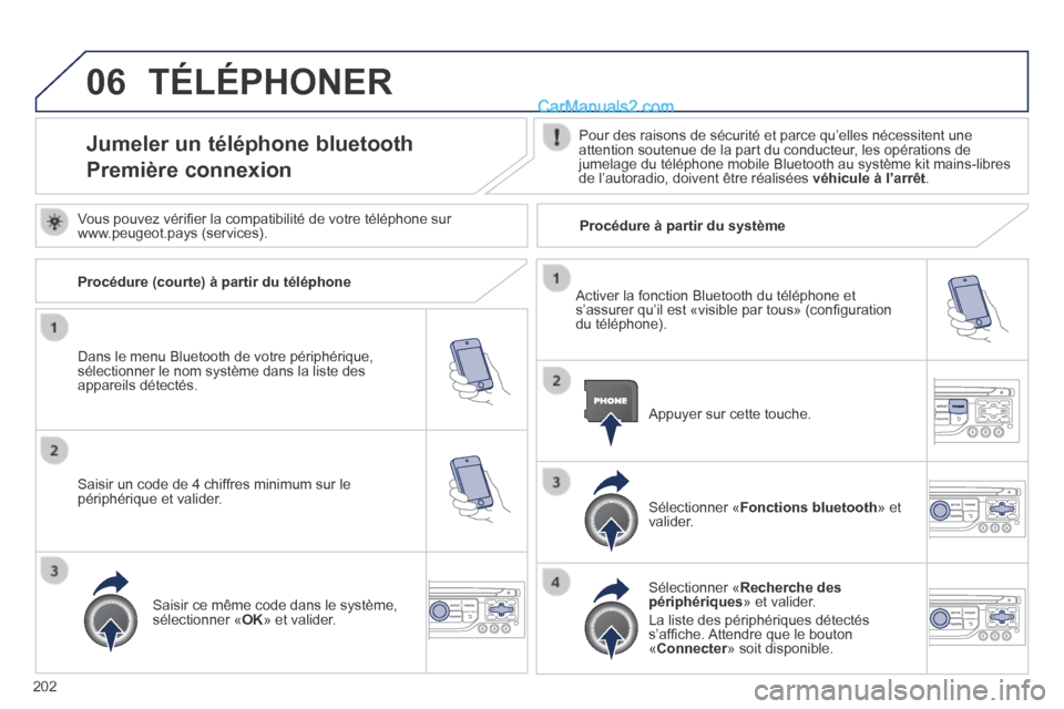 Peugeot 308 CC 2013.5  Manuel du propriétaire (in French) 06
202
 TÉLÉPHONER 
Jumeler un téléphone bluetooth  
Première connexion 
  Pour des raisons de sécurité et parce qu’elles nécessitent u\
ne attention soutenue de la part du conducteur, les o