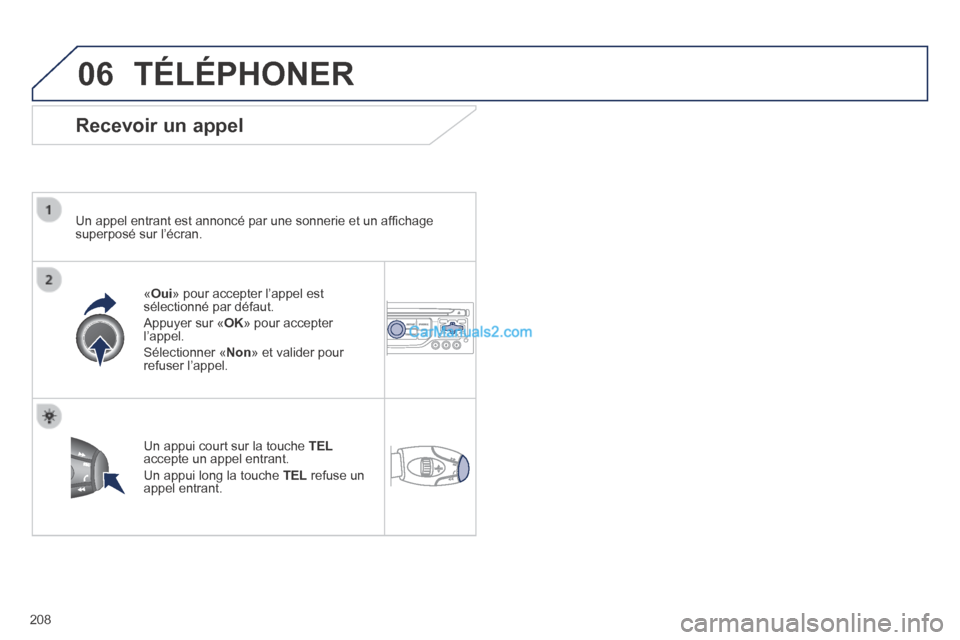Peugeot 308 CC 2013.5  Manuel du propriétaire (in French) 06
208
 TÉLÉPHONER 
  Recevoir  un  appel 
  Un appel entrant est annoncé par une sonnerie et un afﬁ chage superposé sur l’écran.  
  « Oui » pour accepter l’appel est sélectionné par d
