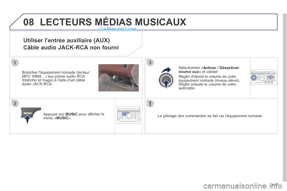 Peugeot 308 CC 2013.5 Manuel du propriétaire (in French) 08
219
LECTEURS MÉDIAS MUSICAUX
Utiliser lentrée auxiliaire (AUX)
Câble audio JACK-RCA non fourni
Brancher léquipement nomade (lecteur MP3, WMA…) aux prises audio RCA (blanche et rouge) Peugeot 308 CC 2013.5 Manuel du propriétaire (in French) 08
219
LECTEURS MÉDIAS MUSICAUX
Utiliser lentrée auxiliaire (AUX)
Câble audio JACK-RCA non fourni
Brancher léquipement nomade (lecteur MP3, WMA…) aux prises audio RCA (blanche et rouge)