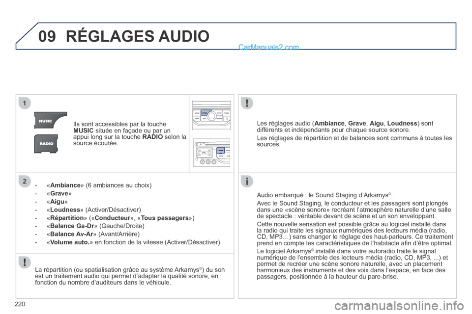 Peugeot 308 CC 2013.5 Manuel du propriétaire (in French) 09
220
RÉGLAGES AUDIO
Ils sont accessibles par la touche MUSIC située en façade ou par un appui long sur la touche RADIO selon la source écoutée.
- « Ambiance » (6 ambiances a Peugeot 308 CC 2013.5 Manuel du propriétaire (in French) 09
220
RÉGLAGES AUDIO
Ils sont accessibles par la touche MUSIC située en façade ou par un appui long sur la touche RADIO selon la source écoutée.
- « Ambiance » (6 ambiances a