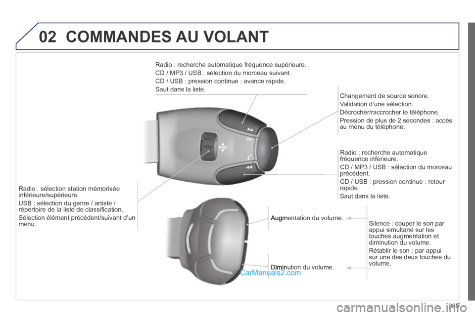 Peugeot 308 CC 2013.5  Manuel du propriétaire (in French) 02
235
 COMMANDES  AU  VOLANT 
  Radio : recherche automatique fréquence supérieure. 
 CD / MP3 / USB : sélection du morceau suivant. 
 CD / USB : pression continue : avance rapide. 
 Saut dans la 