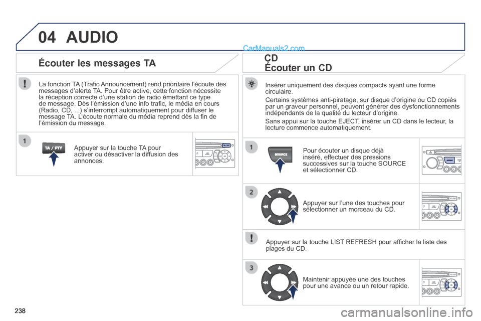 Peugeot 308 CC 2013.5  Manuel du propriétaire (in French) 04
238
 AUDIO 
  Insérer uniquement des disques compacts ayant une forme circulaire. 
 Certains systèmes anti-piratage, sur disque d’origine ou CD copié\
s par un graveur personnel, peuvent gén�