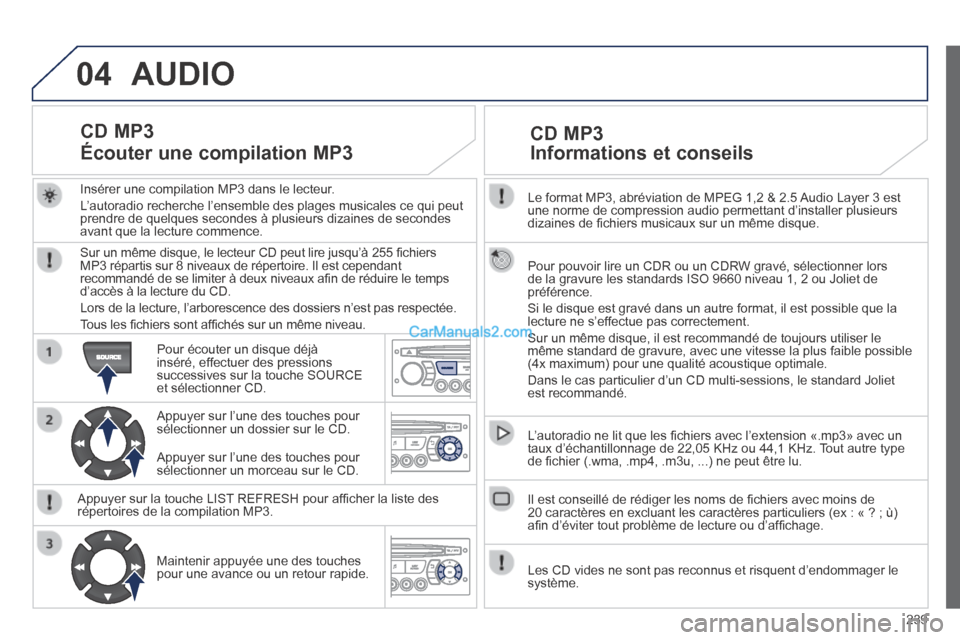 Peugeot 308 CC 2013.5 Manuel du propriétaire (in French) 04
239
Le format MP3, abréviation de MPEG 1,2 & 2.5 Audio Layer 3 est une norme de compression audio permettant d’installer plusieurs dizaines de fi chiers musicaux sur un même disque.
Pour Peugeot 308 CC 2013.5 Manuel du propriétaire (in French) 04
239
Le format MP3, abréviation de MPEG 1,2 & 2.5 Audio Layer 3 est une norme de compression audio permettant d’installer plusieurs dizaines de fi chiers musicaux sur un même disque.
Pour