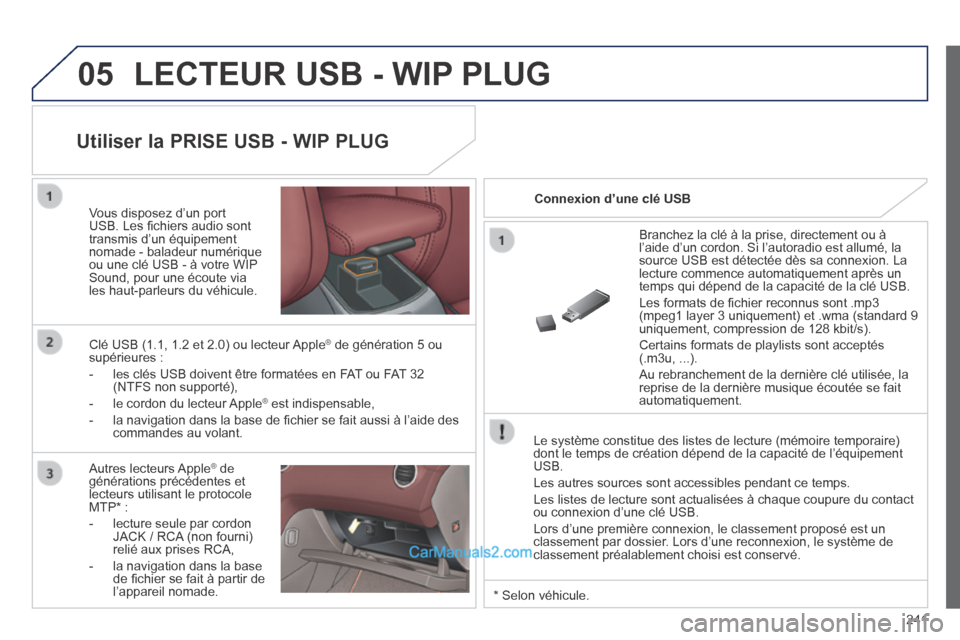 Peugeot 308 CC 2013.5 Manuel du propriétaire (in French) 05
241
LECTEUR USB - WIP PLUG
Le système constitue des listes de lecture (mémoire temporaire) \
dont le temps de création dépend de la capacité de l’équi\
pement USB.
Les autres sources Peugeot 308 CC 2013.5 Manuel du propriétaire (in French) 05
241
LECTEUR USB - WIP PLUG
Le système constitue des listes de lecture (mémoire temporaire) \
dont le temps de création dépend de la capacité de l’équi\
pement USB.
Les autres sources