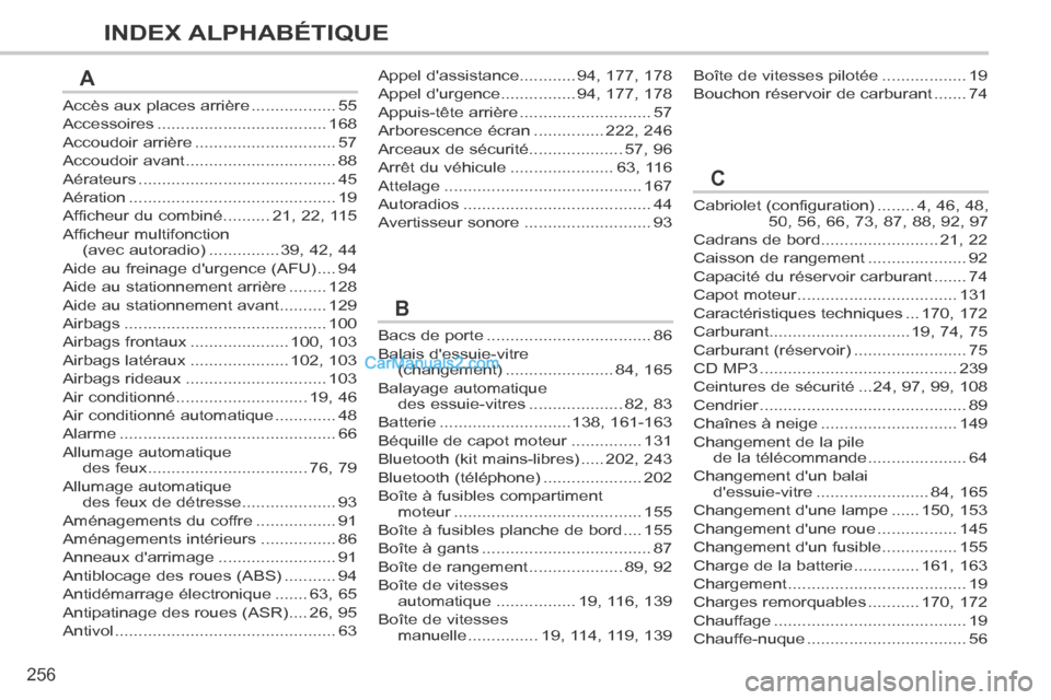 Peugeot 308 CC 2013.5  Manuel du propriétaire (in French) 256
INDEX ALPHABÉTIQUE
Accès aux places arrière ..................55
Accessoires ....................................168
Accoudoir arrière ..............................57
Accoudoir avant ........