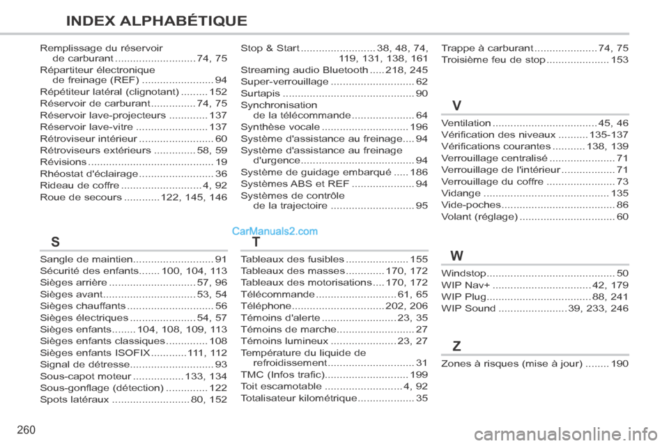 Peugeot 308 CC 2013.5  Manuel du propriétaire (in French) 260
INDEX ALPHABÉTIQUE
Ventilation ...................................45, 46
Vérification des niveaux ..........135-137
Vérifications courantes ...........138, 139
Verrouillage centralisé ........