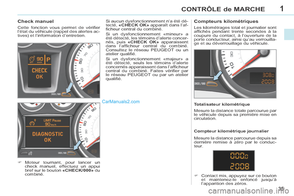 Peugeot 308 CC 2013.5  Manuel du propriétaire (in French) 1
35
CONTRÔLE de MARCHE
             Check manuel 
 Cette  fonction  vous  permet  de  vériﬁ er 
l’état du véhicule (rappel des alertes ac-
tives) et l’information d’entretien. 
     Mo