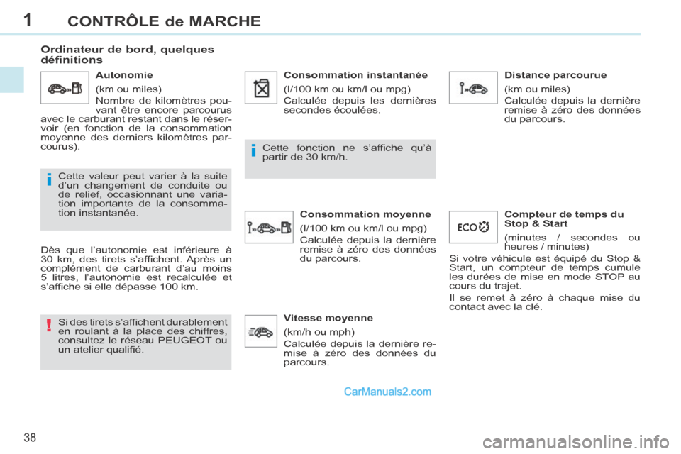 Peugeot 308 CC 2013.5  Manuel du propriétaire (in French) 1
!
i
i
38
CONTRÔLE de MARCHE
       
Ordinateur de bord, quelques 
définitions 
  Dès que l’autonomie est inférieure à 
30  km,  des  tirets  s’afﬁ chent.  Après  un 
complément de carbu