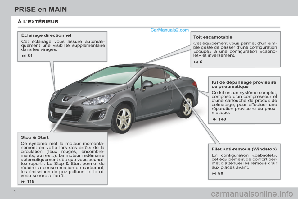 Peugeot 308 CC 2013.5  Manuel du propriétaire (in French)  81 140
 50
 11 9
 6
4
PRISE en MAIN
  Éclairage  directionnel 
 Cet éclairage vous assure automati-
quement une visibilité supplémentaire 
dans les virages.     Toit  escamotable 
