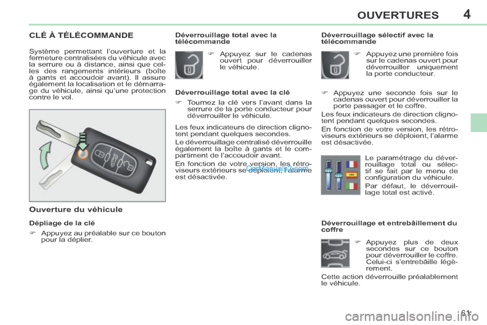Peugeot 308 CC 2013.5 Manuel du propriétaire (in French) 4
61
OUVERTURES
Déverrouillage et entrebâillement du
coffre Appuyez plus de deux secondes sur ce bouton
pour déverrouiller le coffre.
Celui-ci s’entrebâille légè-
reme Peugeot 308 CC 2013.5 Manuel du propriétaire (in French) 4
61
OUVERTURES
Déverrouillage et entrebâillement du
coffre Appuyez plus de deux secondes sur ce bouton
pour déverrouiller le coffre.
Celui-ci s’entrebâille légè-
reme