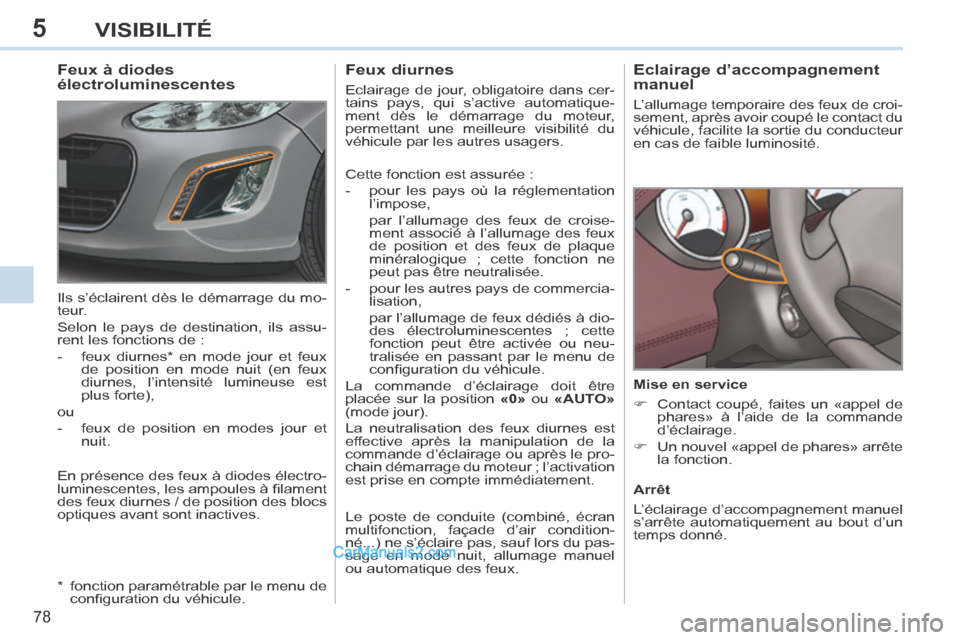 Peugeot 308 CC 2013.5 Manuel du propriétaire (in French) 5
78
VISIBILITÉ
Eclairage d’accompagnement
manuel
L’allumage temporaire des feux de croi-
sement, après avoir coupé le contact du
véhicule, facilite la sortie du conducteur
en cas Peugeot 308 CC 2013.5 Manuel du propriétaire (in French) 5
78
VISIBILITÉ
Eclairage d’accompagnement
manuel
L’allumage temporaire des feux de croi-
sement, après avoir coupé le contact du
véhicule, facilite la sortie du conducteur
en cas