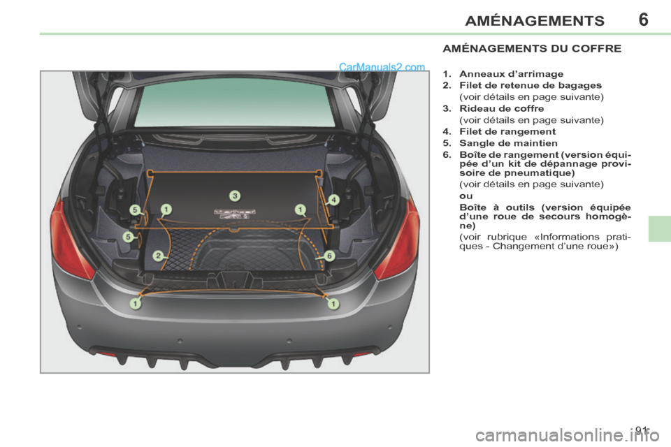 Peugeot 308 CC 2013.5 Manuel du propriétaire (in French) 6
91
AMÉNAGEMENTS
AMÉNAGEMENTS DU COFFRE
1. Anneaux d’arrimage
2. Filet de retenue de bagages
(voir détails en page suivante)
3. Rideau de coffre
(voir détails Peugeot 308 CC 2013.5 Manuel du propriétaire (in French) 6
91
AMÉNAGEMENTS
AMÉNAGEMENTS DU COFFRE
1. Anneaux d’arrimage
2. Filet de retenue de bagages
(voir détails en page suivante)
3. Rideau de coffre
(voir détails