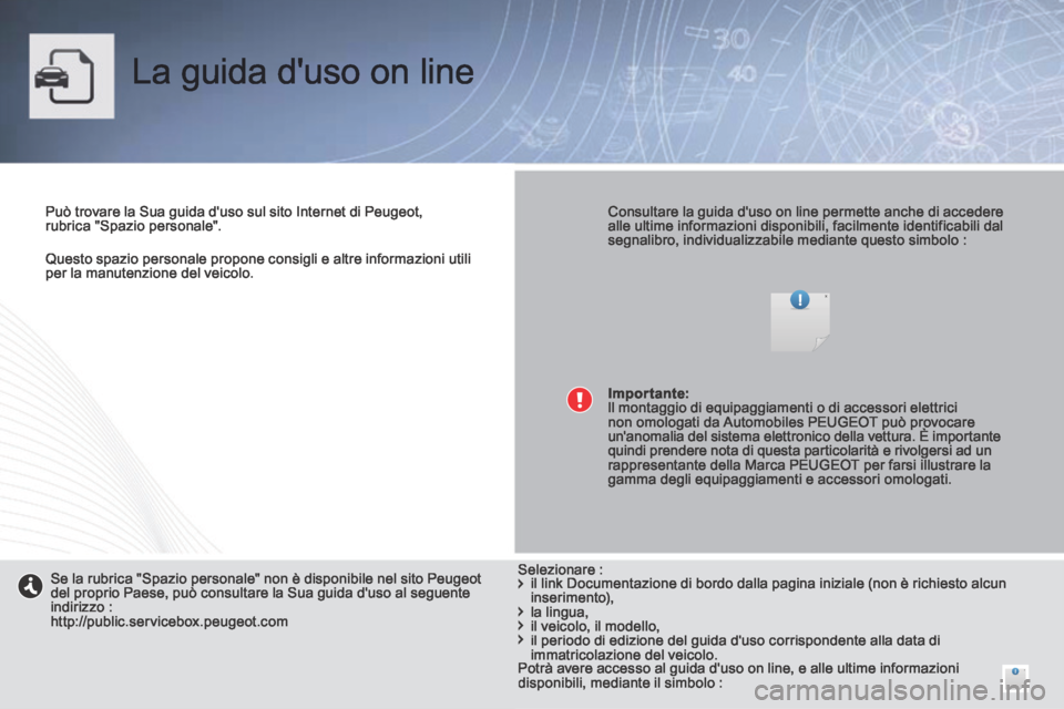 Peugeot 308 CC 2013.5 Manuale del proprietario (in Italian) Questo spazio personale propone consigli e altre informazioni utili per la manutenzione del veicolo.
La guida duso on line
Può trovare la Sua guida duso sul sito Internet di Peugeot, rub Peugeot 308 CC 2013.5 Manuale del proprietario (in Italian) Questo spazio personale propone consigli e altre informazioni utili per la manutenzione del veicolo.
La guida duso on line
Può trovare la Sua guida duso sul sito Internet di Peugeot, rub