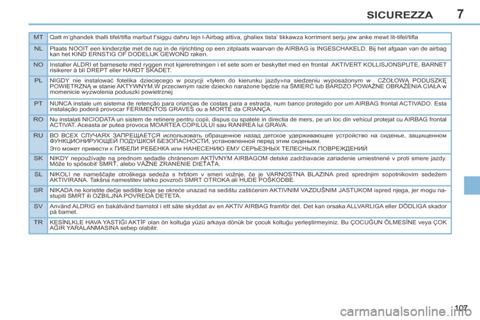 Peugeot 308 CC 2013.5 Manuale del proprietario (in Italian) 7
MTQatt m’ghandek thalli tifel/tifl a marbut f’siggu dahru lejn l-Airbag attiva, ghaliex tista’ tikkawza korriment serju jew anke mewt lit-tifel/tifl a
NLPlaats NOOIT een kinderzitje met de r Peugeot 308 CC 2013.5 Manuale del proprietario (in Italian) 7
MTQatt m’ghandek thalli tifel/tifl a marbut f’siggu dahru lejn l-Airbag attiva, ghaliex tista’ tikkawza korriment serju jew anke mewt lit-tifel/tifl a
NLPlaats NOOIT een kinderzitje met de r