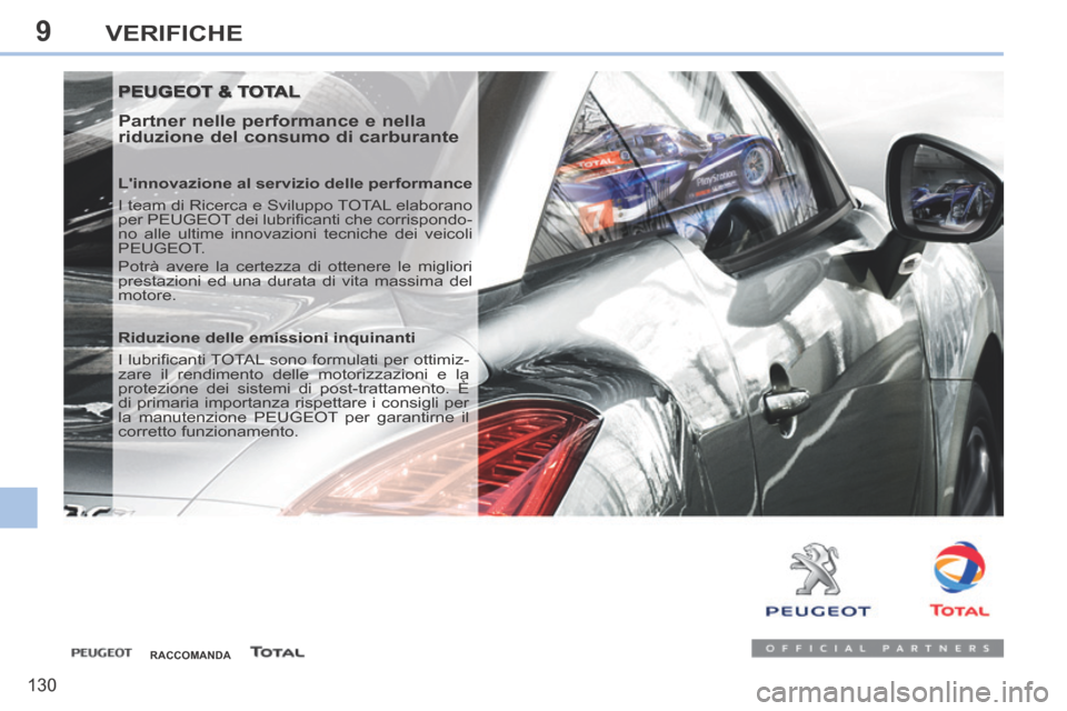 Peugeot 308 CC 2013.5 Manuale del proprietario (in Italian) 9
130
VERIFICHE
PEUGEOT & TOTAL PEUGEOT & TOTAL
Partner nelle performance e nella
riduzione del consumo di carburante
Linnovazione al servizio delle performance
I team di Ricerca e Svilupp Peugeot 308 CC 2013.5 Manuale del proprietario (in Italian) 9
130
VERIFICHE
PEUGEOT & TOTAL PEUGEOT & TOTAL
Partner nelle performance e nella
riduzione del consumo di carburante
Linnovazione al servizio delle performance
I team di Ricerca e Svilupp