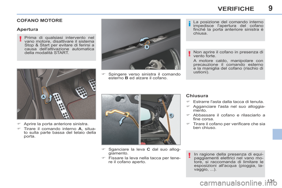 Peugeot 308 CC 2013.5 Manuale del proprietario (in Italian) 9
i
!
!
!
131
VERIFICHE
COFANO MOTORE
Aprire la porta anteriore sinistra.
Tirare il comando interno A , situa-
to sulla parte bassa del telaio della
porta. Spingere vers Peugeot 308 CC 2013.5 Manuale del proprietario (in Italian) 9
i
!
!
!
131
VERIFICHE
COFANO MOTORE
Aprire la porta anteriore sinistra.
Tirare il comando interno A , situa-
to sulla parte bassa del telaio della
porta. Spingere vers