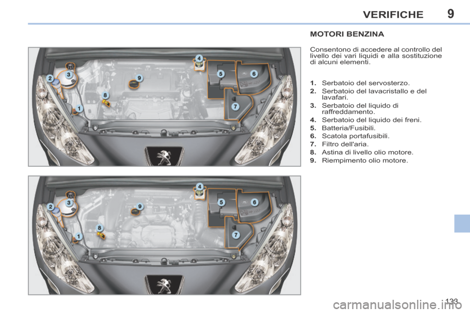 Peugeot 308 CC 2013.5 Manuale del proprietario (in Italian) 9
133
VERIFICHE
MOTORI BENZINA
Consentono di accedere al controllo del
livello dei vari liquidi e alla sostituzione
di alcuni elementi.
1. Serbatoio del servosterzo.
2. Serbatoio del la Peugeot 308 CC 2013.5 Manuale del proprietario (in Italian) 9
133
VERIFICHE
MOTORI BENZINA
Consentono di accedere al controllo del
livello dei vari liquidi e alla sostituzione
di alcuni elementi.
1. Serbatoio del servosterzo.
2. Serbatoio del la