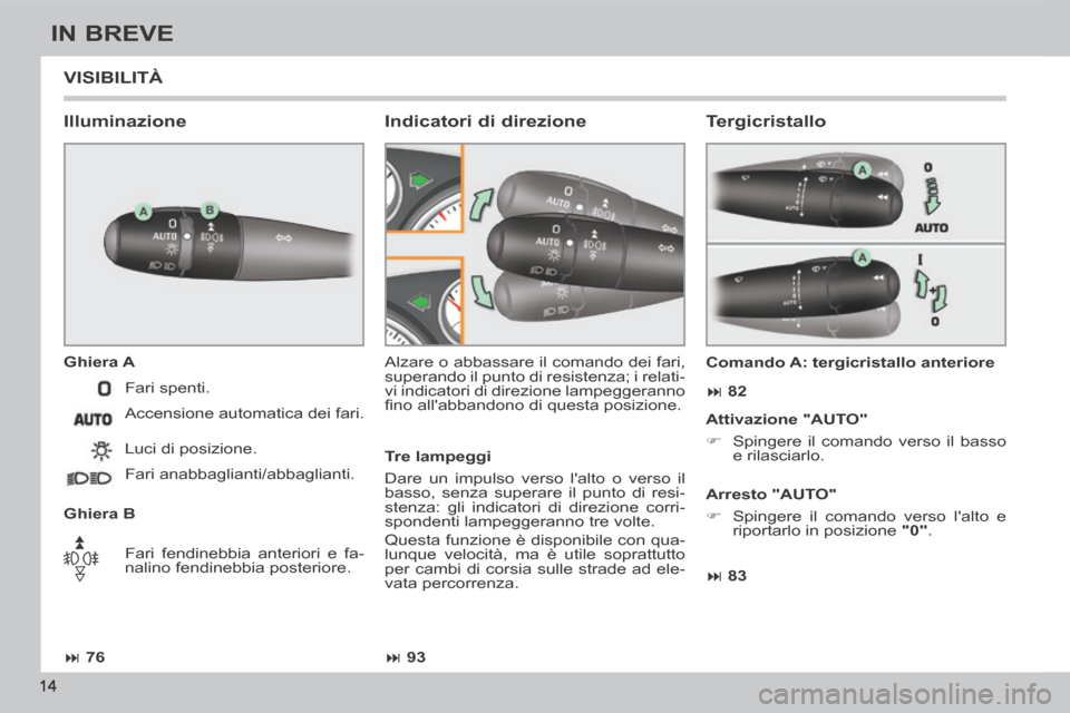 Peugeot 308 CC 2013.5  Manuale del proprietario (in Italian)  76 93 83  82
14
IN BREVE
 VISIBILITÀ 
  Illuminazione 
  Ghiera  A 
  Ghiera  B  Alzare o abbassare il comando dei fari, 
superando il punto di resistenza; i relati-
vi indicatori di dir