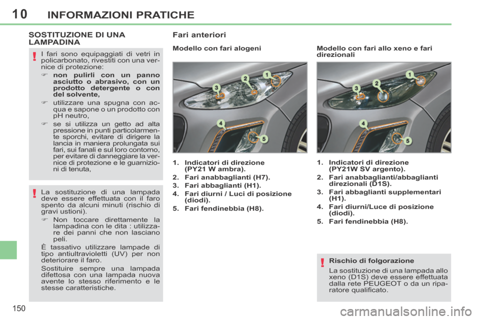 Peugeot 308 CC 2013.5 Manuale del proprietario (in Italian) 10
!
!
!
150
INFORMAZIONI PRATICHE
Rischio di folgorazione
La sostituzione di una lampada allo
xeno (D1S) deve essere effettuata
dalla rete PEUGEOT o da un ripa-
ratore qualifi cato.
SOSTI Peugeot 308 CC 2013.5 Manuale del proprietario (in Italian) 10
!
!
!
150
INFORMAZIONI PRATICHE
Rischio di folgorazione
La sostituzione di una lampada allo
xeno (D1S) deve essere effettuata
dalla rete PEUGEOT o da un ripa-
ratore qualifi cato.
SOSTI