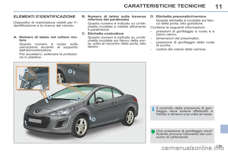 Peugeot 308 CC 2013.5 Manuale del proprietario (in Italian) 11
i
175
CARATTERISTICHE TECNICHE
ELEMENTI DIDENTIFICAZIONE
Dispositivi di marchiatura visibili per li-
dentifi cazione e la ricerca del veicolo. Una pressione di gonfi aggio insuf-
fi ci Peugeot 308 CC 2013.5 Manuale del proprietario (in Italian) 11
i
175
CARATTERISTICHE TECNICHE
ELEMENTI DIDENTIFICAZIONE
Dispositivi di marchiatura visibili per li-
dentifi cazione e la ricerca del veicolo. Una pressione di gonfi aggio insuf-
fi ci