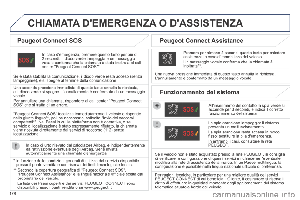 Peugeot 308 CC 2013.5 Manuale del proprietario (in Italian) 178
CHIAMATA DEMERGENZA O DASSISTENZA
In caso demergenza, premere questo tasto per più di 2 secondi. Il diodo verde lampeggia e un messaggio vocale conferma che la chiamata è stata inoltrata Peugeot 308 CC 2013.5 Manuale del proprietario (in Italian) 178
CHIAMATA DEMERGENZA O DASSISTENZA
In caso demergenza, premere questo tasto per più di 2 secondi. Il diodo verde lampeggia e un messaggio vocale conferma che la chiamata è stata inoltrata