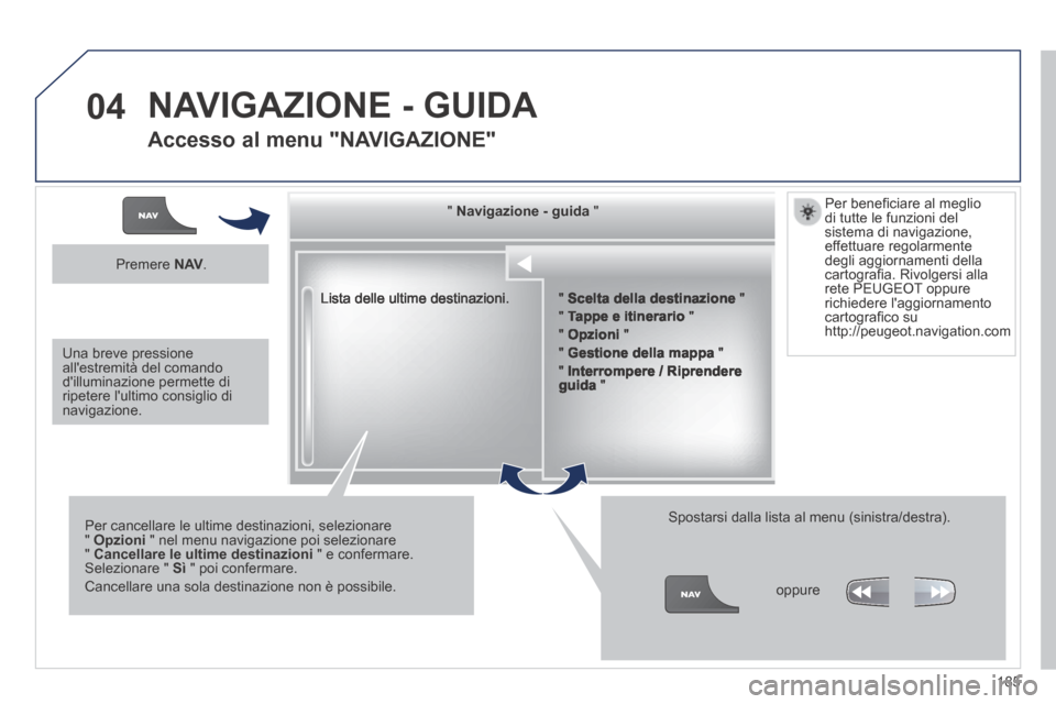 Peugeot 308 CC 2013.5 Manuale del proprietario (in Italian) 04
185
Lista delle ultime destinazioni.
" " " " " " " " " " " " " " " " " " " " " " " Navigazione - guida Peugeot 308 CC 2013.5 Manuale del proprietario (in Italian) 04
185
Lista delle ultime destinazioni.
" " " " " " " " " " " " " " " " " " " " " " " Navigazione - guida