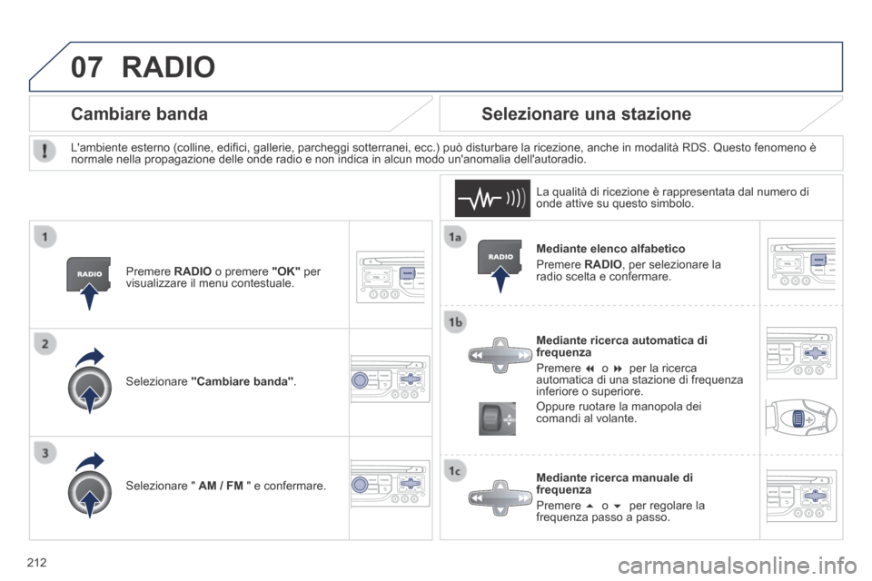 Peugeot 308 CC 2013.5 Manuale del proprietario (in Italian) 07
212
Mediante elenco alfabetico
Premere RADIO , per selezionare la radio scelta e confermare.
Mediante ricerca automatica di frequenza
Premere o per la ricerca automa Peugeot 308 CC 2013.5 Manuale del proprietario (in Italian) 07
212
Mediante elenco alfabetico
Premere RADIO , per selezionare la radio scelta e confermare.
Mediante ricerca automatica di frequenza
Premere o per la ricerca automa