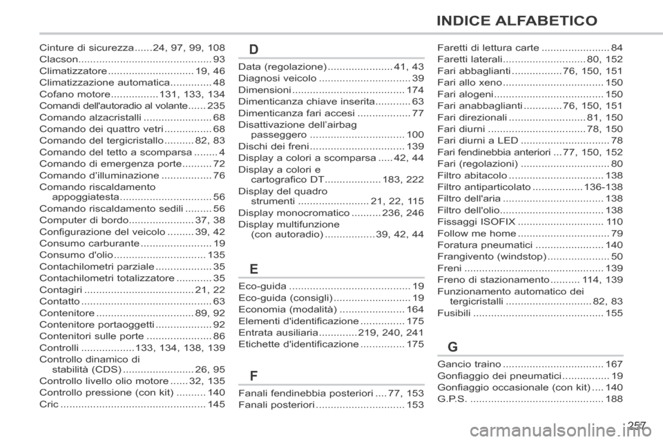 Peugeot 308 CC 2013.5  Manuale del proprietario (in Italian) 257
INDICE ALFABETICO
308cc_it_Chap13_index visuel et alpha_ed01-2013_CA1
Data (regolazione) ......................41, 43
Diagnosi veicolo ...............................39
Dimensioni ................ Peugeot 308 CC 2013.5  Manuale del proprietario (in Italian) 257
INDICE ALFABETICO
308cc_it_Chap13_index visuel et alpha_ed01-2013_CA1
Data (regolazione) ......................41, 43
Diagnosi veicolo ...............................39
Dimensioni ................