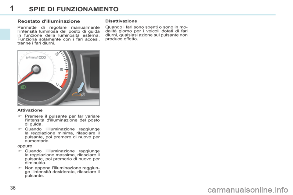 Peugeot 308 CC 2013.5 Manuale del proprietario (in Italian) 1
36
SPIE DI FUNZIONAMENTO
Reostato dilluminazione
Permette di regolare manualmente
lintensità luminosa del posto di guida
in funzione della luminosità esterna.
Funziona solamente c Peugeot 308 CC 2013.5 Manuale del proprietario (in Italian) 1
36
SPIE DI FUNZIONAMENTO
Reostato dilluminazione
Permette di regolare manualmente
lintensità luminosa del posto di guida
in funzione della luminosità esterna.
Funziona solamente c
