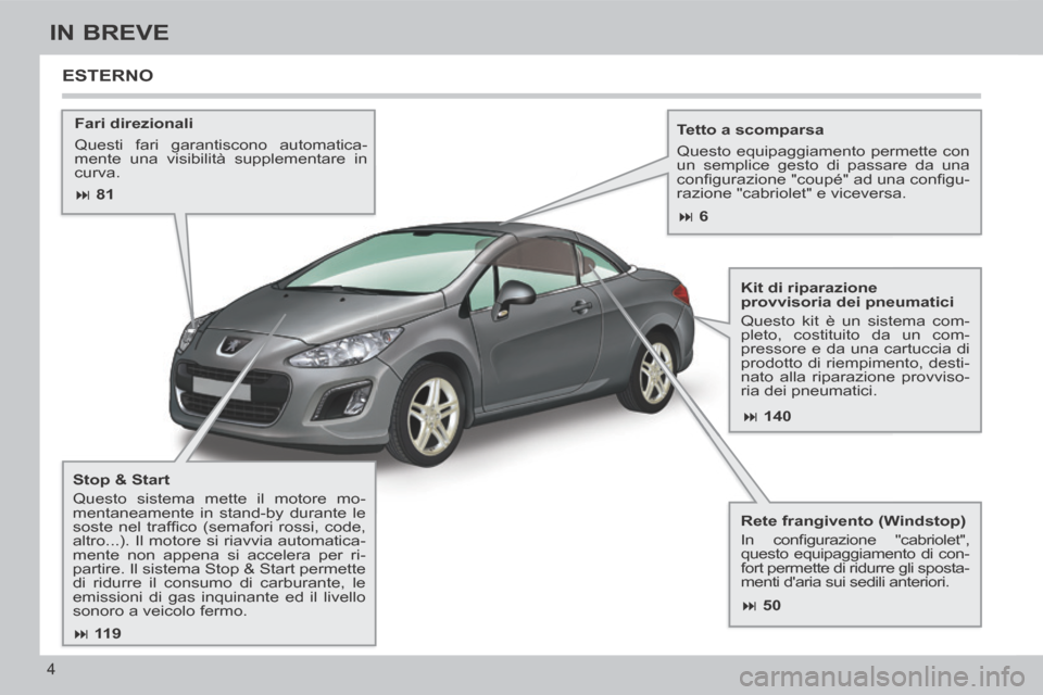 Peugeot 308 CC 2013.5 Manuale del proprietario (in Italian) 81 140
50
11 9
6
4
IN BREVE
Fari direzionali
Questi fari garantiscono automatica-
mente una visibilità supplementare in
curva. Tetto a scomparsa
Questo equipaggiament Peugeot 308 CC 2013.5 Manuale del proprietario (in Italian) 81 140
50
11 9
6
4
IN BREVE
Fari direzionali
Questi fari garantiscono automatica-
mente una visibilità supplementare in
curva. Tetto a scomparsa
Questo equipaggiament