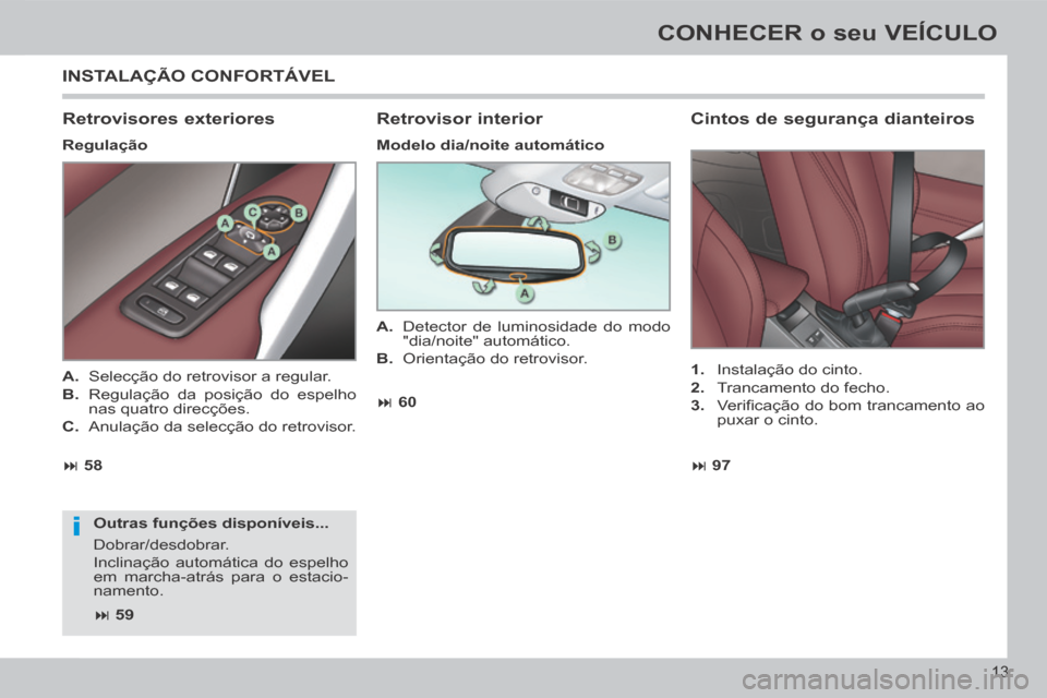 Peugeot 308 CC 2013.5  Manual do proprietário (in Portuguese) i
 97
 58  60
 59
13
CONHECER o seu VEÍCULO
 INSTALAÇÃO  CONFORTÁVEL 
  Retrovisores  exteriores 
  Regulação 
  Outras  funções  disponíveis... 
 Dobrar/desdobrar. 
 Inclinação
